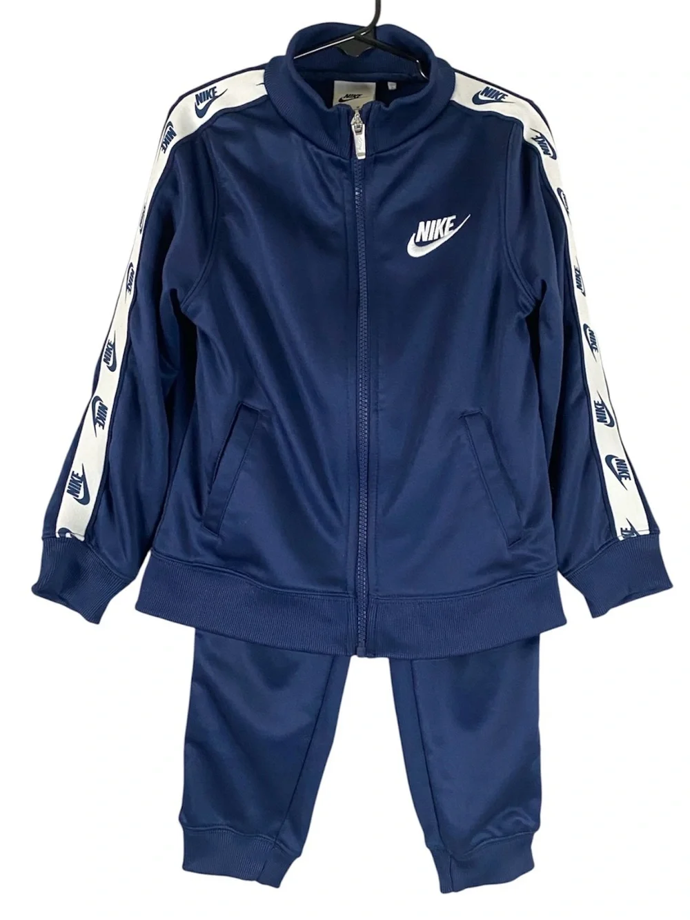 Nike Kids 2 Piece Tricot Track Suit Set Jacket/Pants White/Dark Blue Size 5-6 Yr